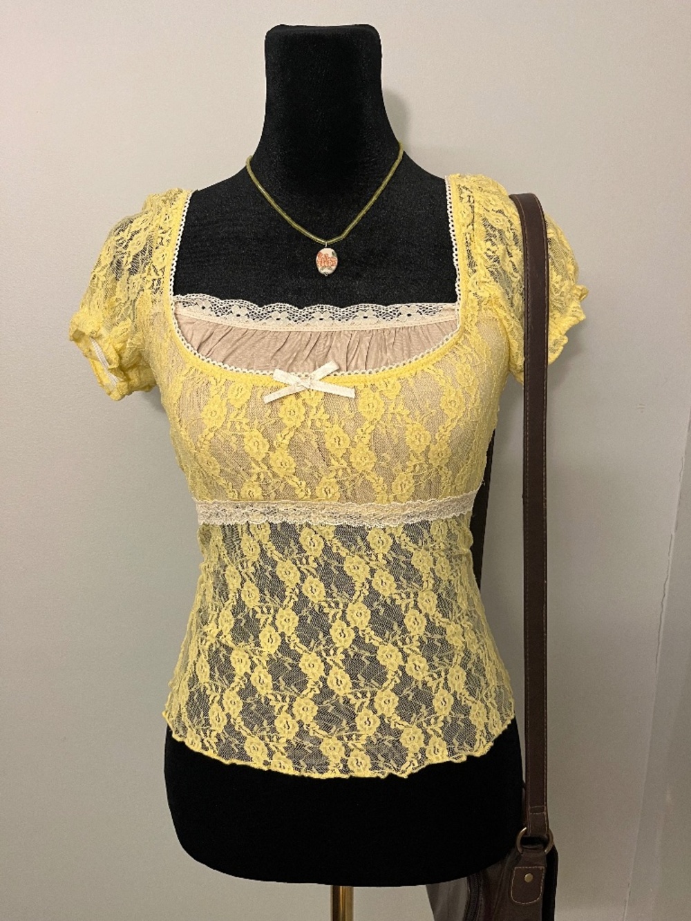 UO Lacy Yellow Bow Blouse Size XS